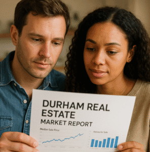 A couple reading Durham real estate market stats