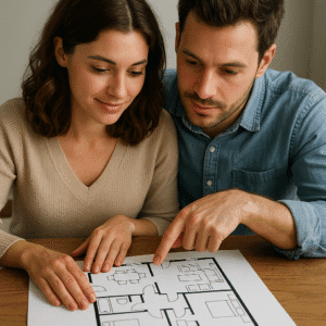 Couple reviewing the floor plan of a home