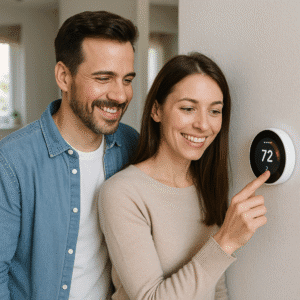 Couple setting a smart thermostat in their home.