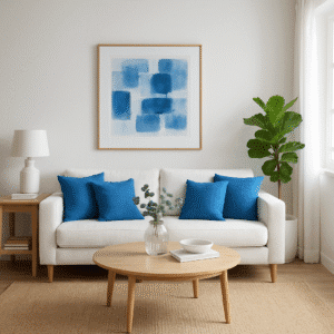 A living room with a white couch and blue accent pillows