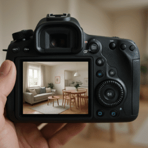 A photo of a staged home seen through a camera preview.