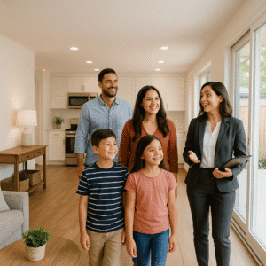 Realtor showing a home to a family