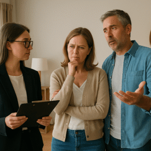 Couple setting their first impressions of a home beside a realtor