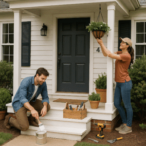 A couple working on the front entrance of their home.
