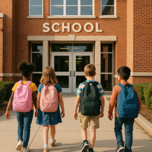 Kids walking into a school building with backpacks on. 