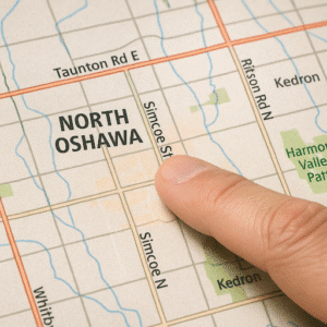 Finger pointing to a map of North Oshawa