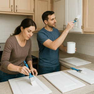 Couple painting cupboards in kitchen