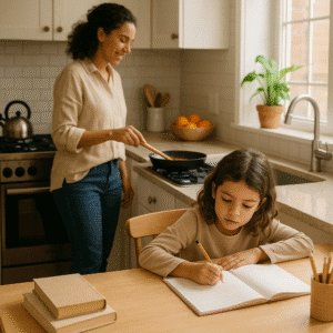 Mom cooking while daughter is doing homework in the kitchen