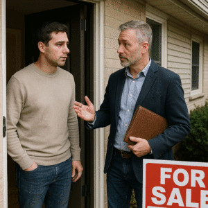 Landlord talking with the tenant of a rental home.