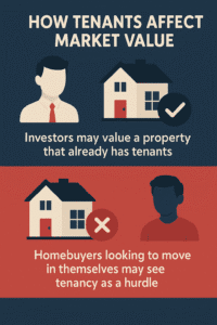 Red and navy blue infographic on How Tenants Affect Market Value.
