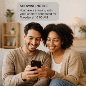 Couple getting a text message from their landlord about a showing.