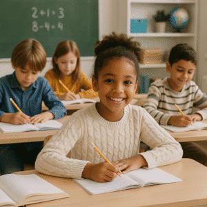A kid smiling in a classroom.
