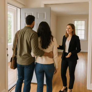 Home buyers doing a walk through of a home.