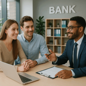A couple talking to a bank advisor.