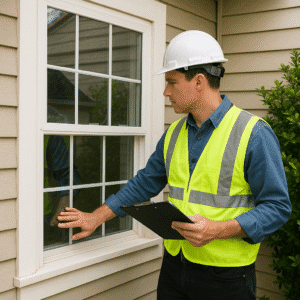A home inspector checking the windows of a home.