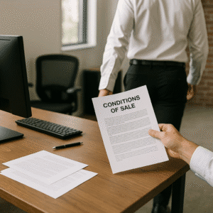 Someone holding a conditions of sale document.