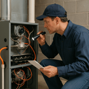 A worker inspecting a furnace