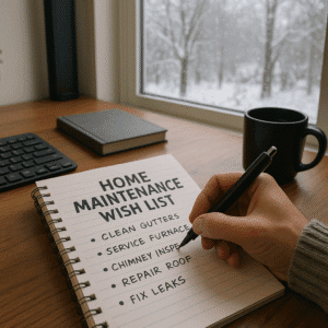 Person writing a home maintenance wish list.