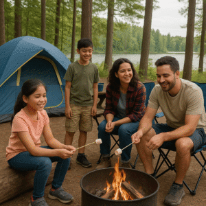 A family camping outdoors.