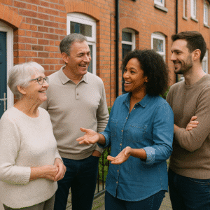 Neighbours chatting outside of a home.