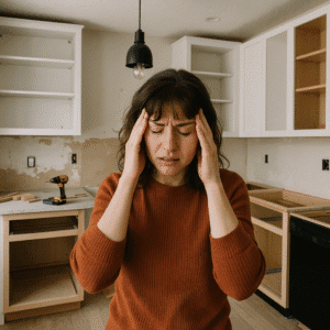 A stressed out woman holding her head with a renovation in the background.