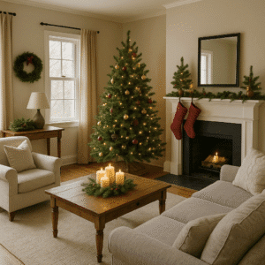 A living room with a holiday tree and candles