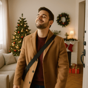 A man in a coat standing in a living space smelling the air.