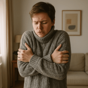 A person shivering in a sweater.