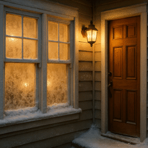 Frosted windows and a door next to a porch light of a house in the winter.