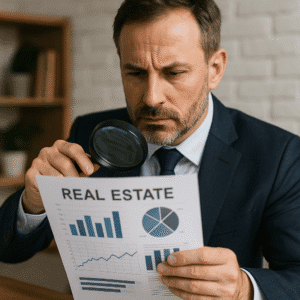A man holding a real estate report and a magnifying glass.