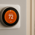 A smart thermostat on a wall in an Energy Efficient Home