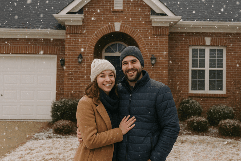 An image of a couple standing outside of their home for their First Winter In A New Home