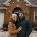An image of a couple standing outside of their home for their First Winter In A New Home