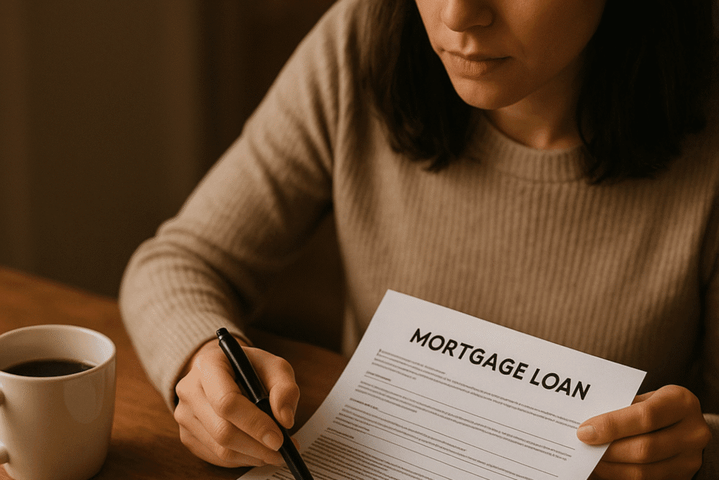 A first-time home buyer looking at a mortgage loan document.