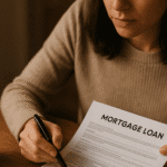 A first-time home buyer looking at a mortgage loan document.